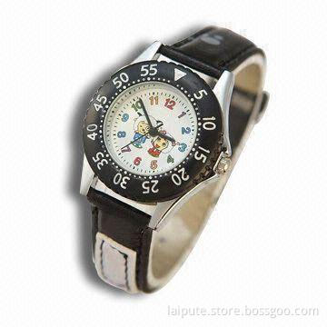 Children's Watch with Colorful Leather Band and Turning Bezel